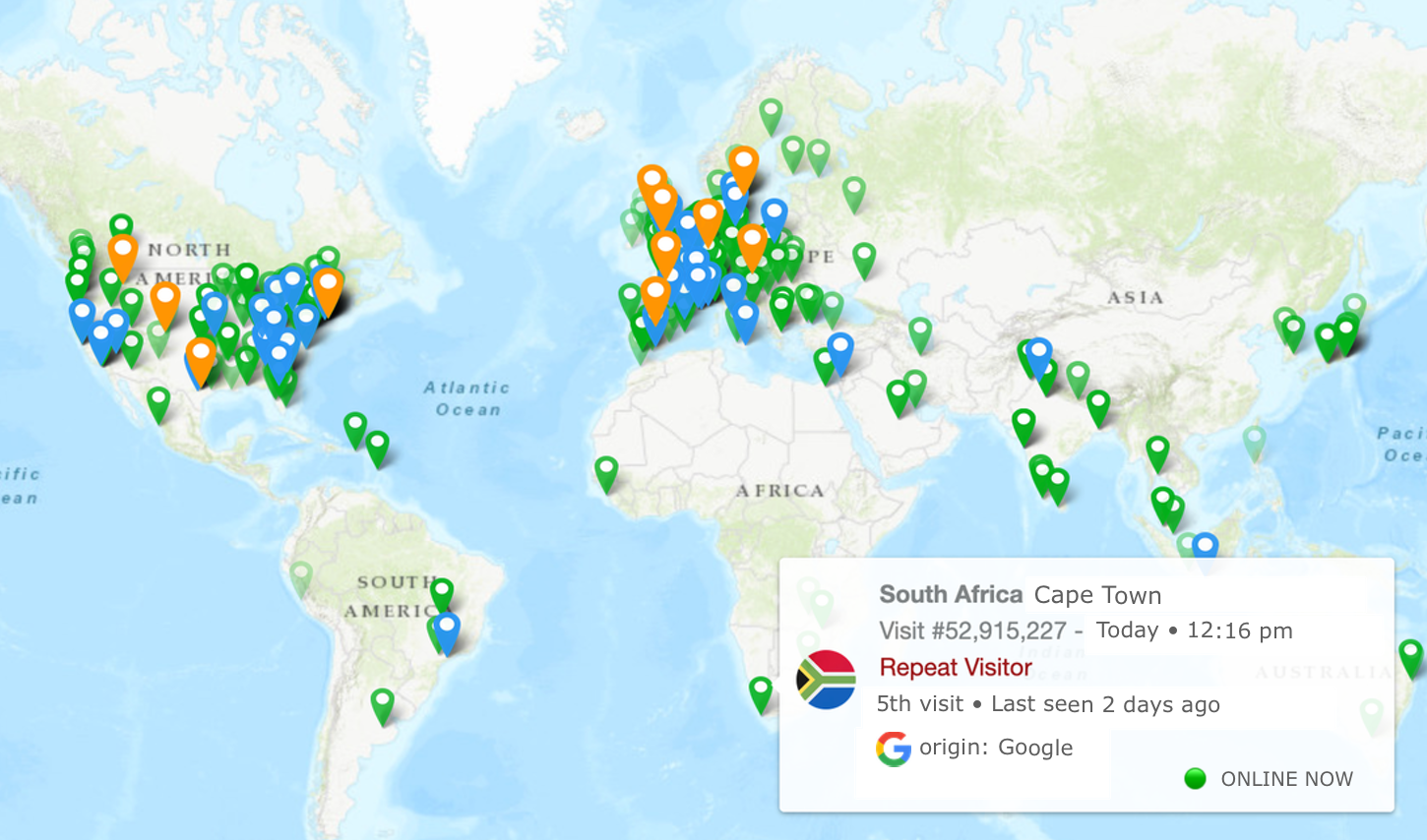 Web-Stat recent visitor map with location markers around the world